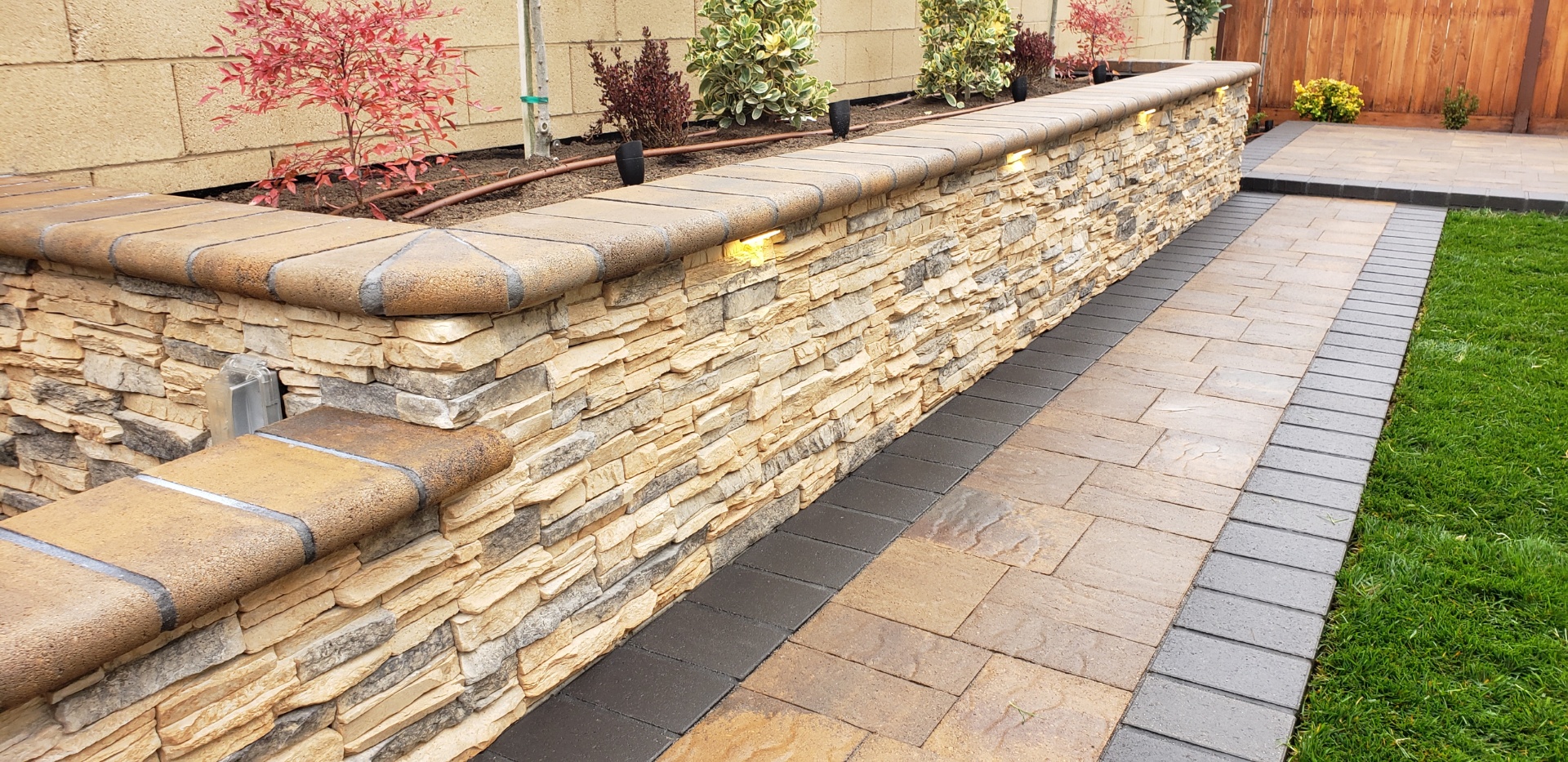 Stacked-stone planter wall